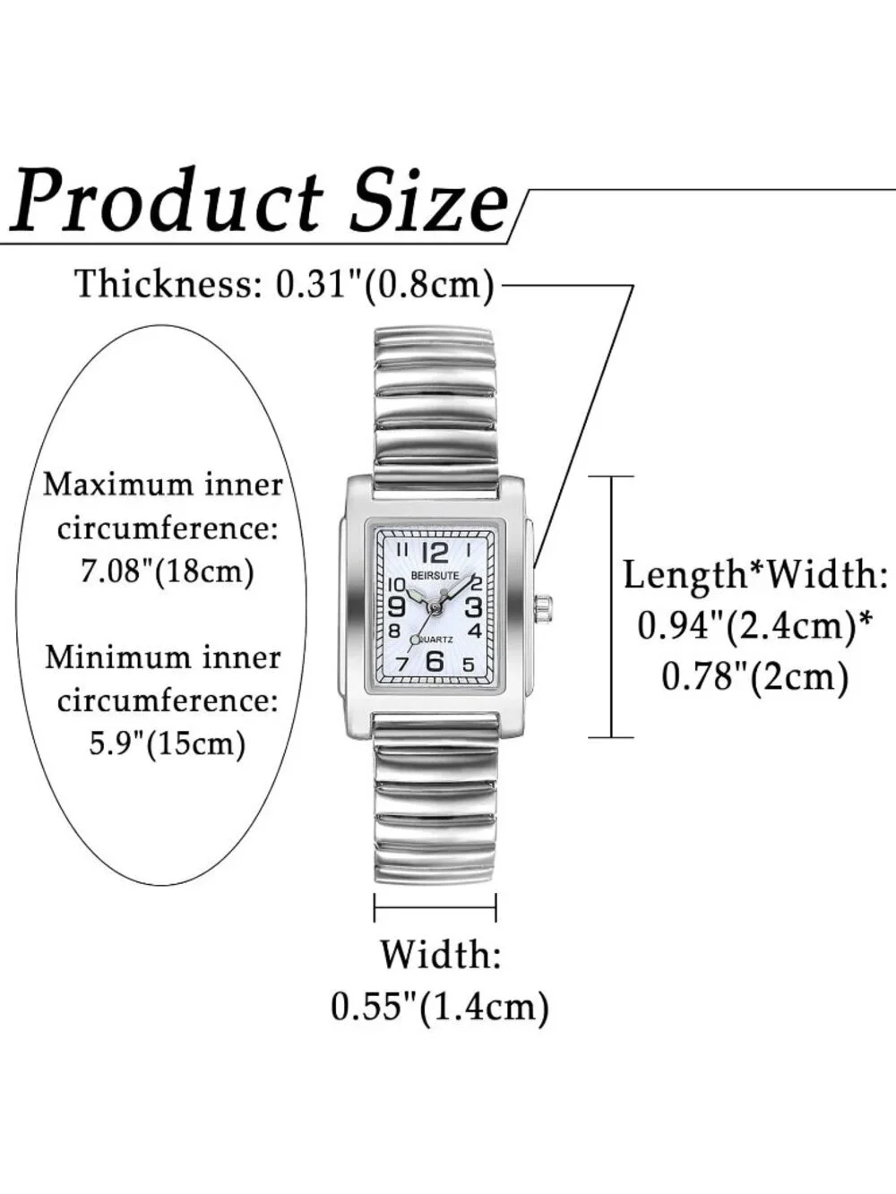 Women's Silver Analog Quartz Small Dial Easy Reader Stretch Band Square Watch